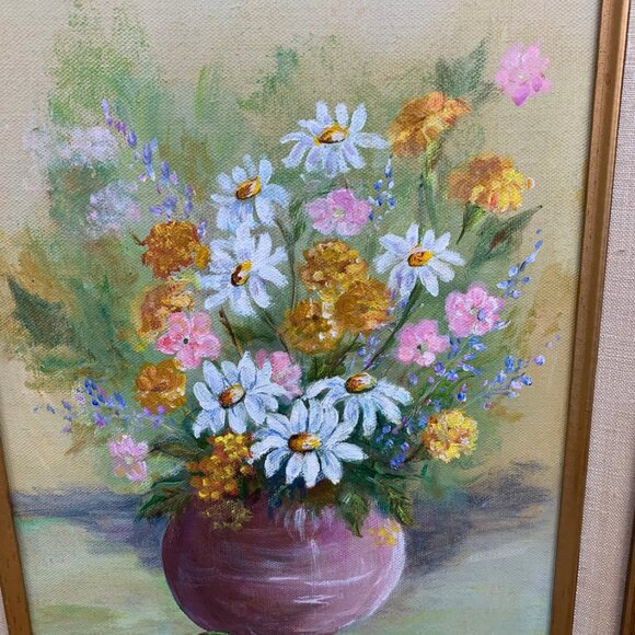 Vintage Original Art Floral Stillife in Round Vase. Acrylic Painting, Daisies, M - Picture 3 of 11